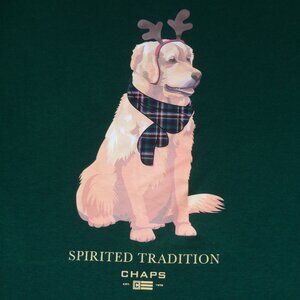 CHAPS SPIRITED TRADITION REINDEER GOLDEN DOG - GREEN LARGE T-SHIRT L387